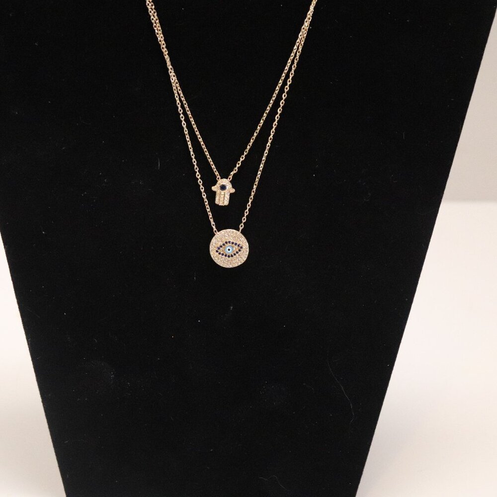 Gold Tone Layered Evil Eye & Hamsa Hand w/Sim. Necklace